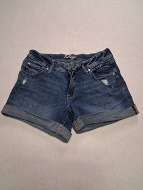 Roll-Cuff Mid-Rise Dark Blue Denim Shorts